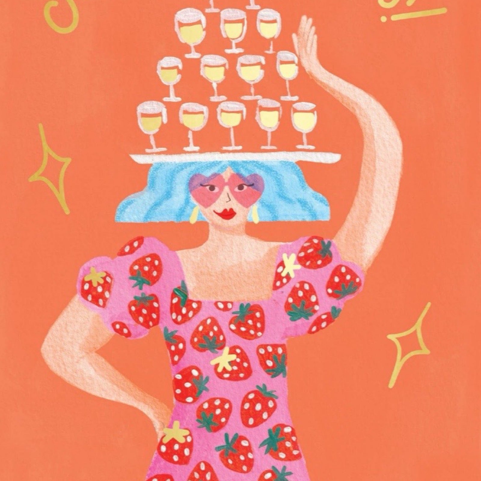 Illustration of a person with blue hair and strawberry dress balancing glasses on their head against an orange background.