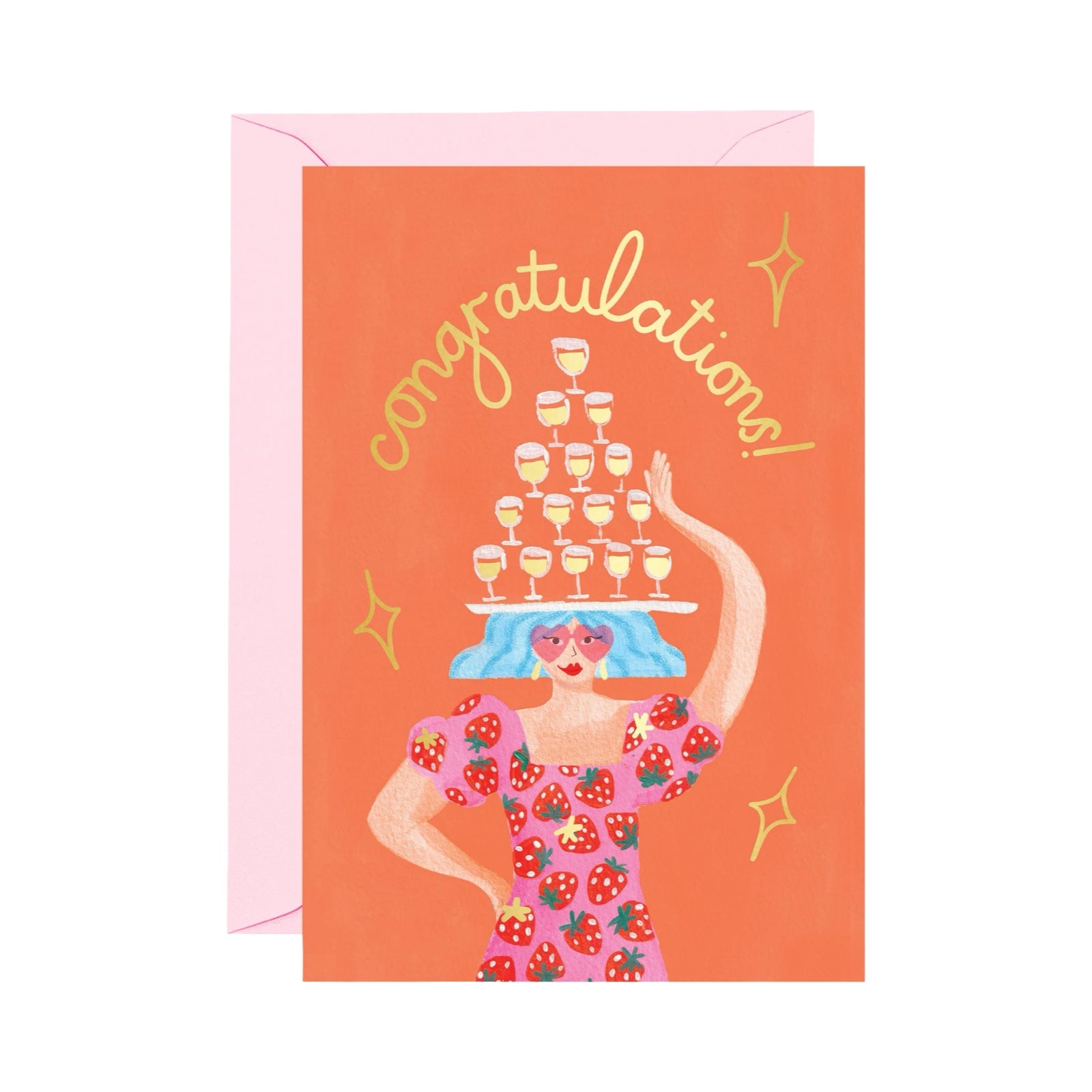 Greeting card with illustration of a woman holding a tower of drinks and 'Congratulations!' text on an orange background.