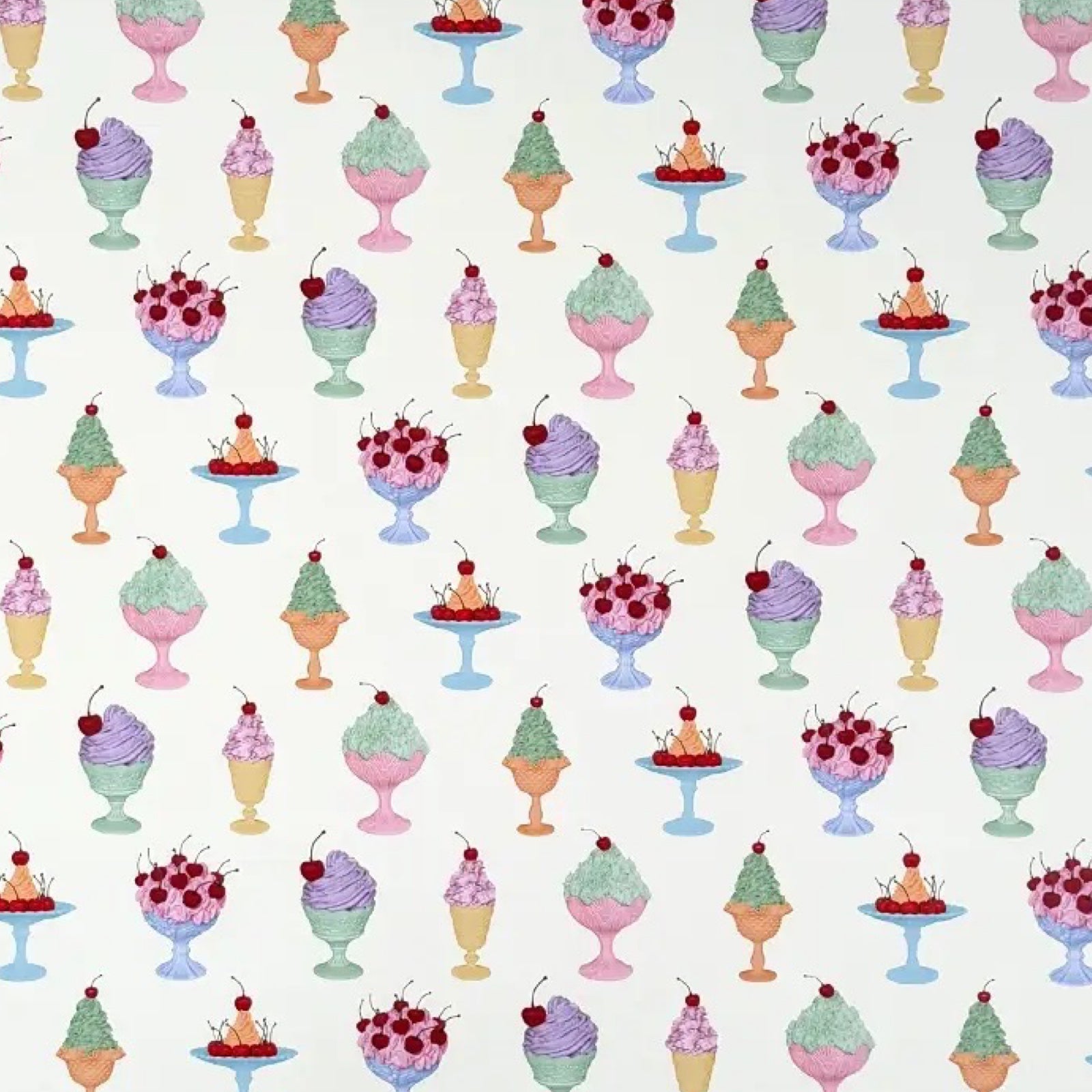 Pattern of colorful ice cream cones and desserts on a white background.