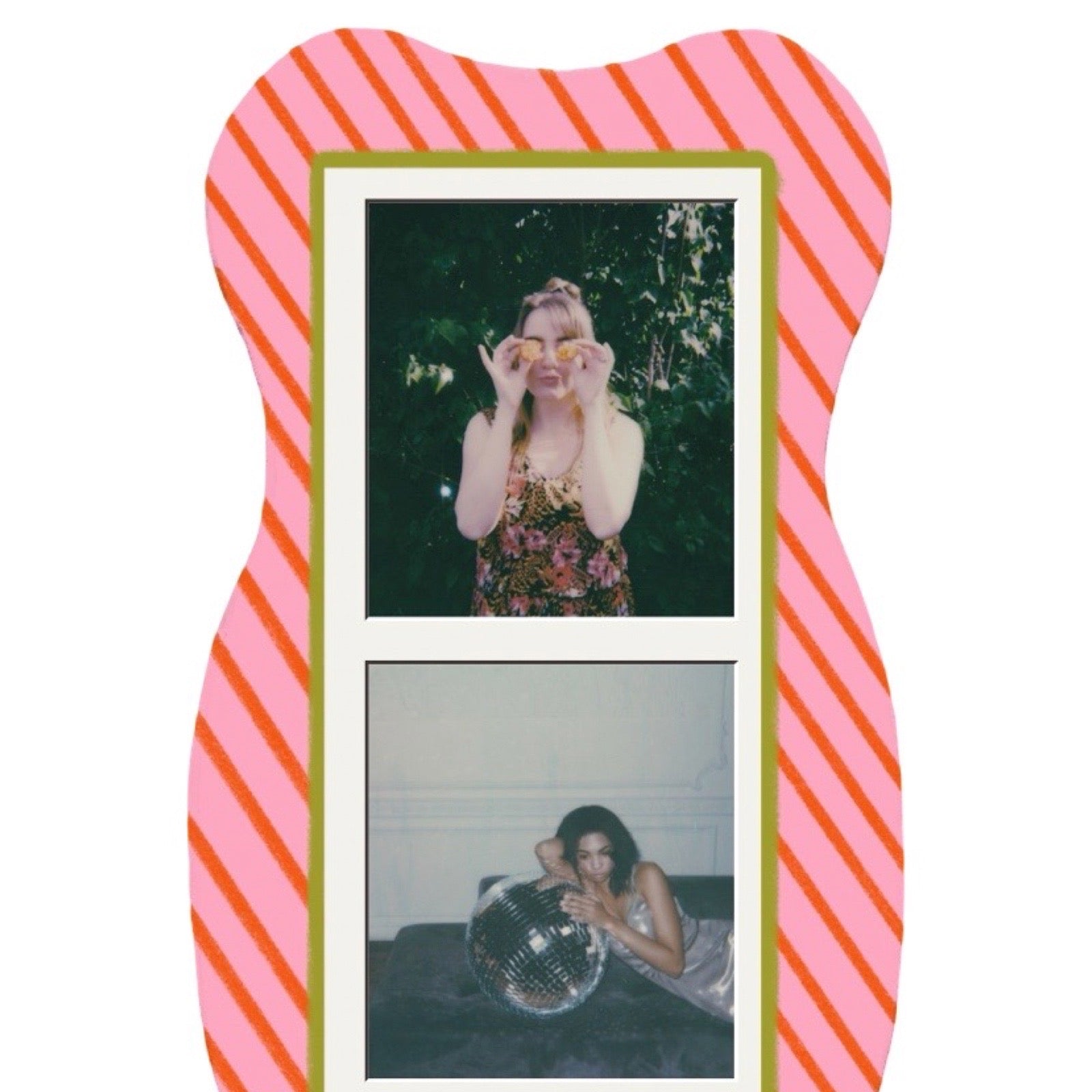 A photo frame with pink and orange diagonal stripes, featuring two vintage-style Polaroid photos: one of a woman holding a drink and one of her lying on a couch with a disco ball, shown on a white background.