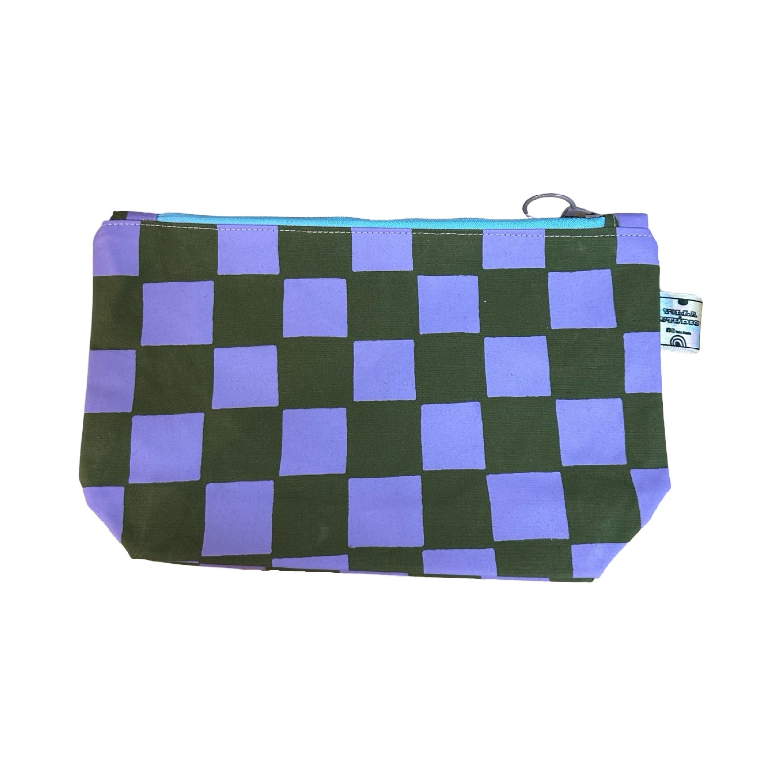 A grey and purple checked cosmetic bag.