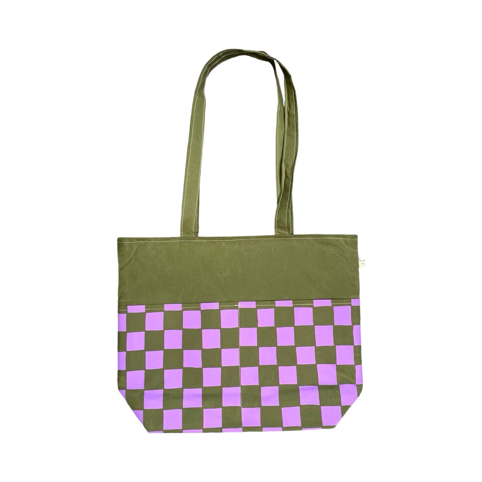 green and purple checked reversible tote bag with green handles