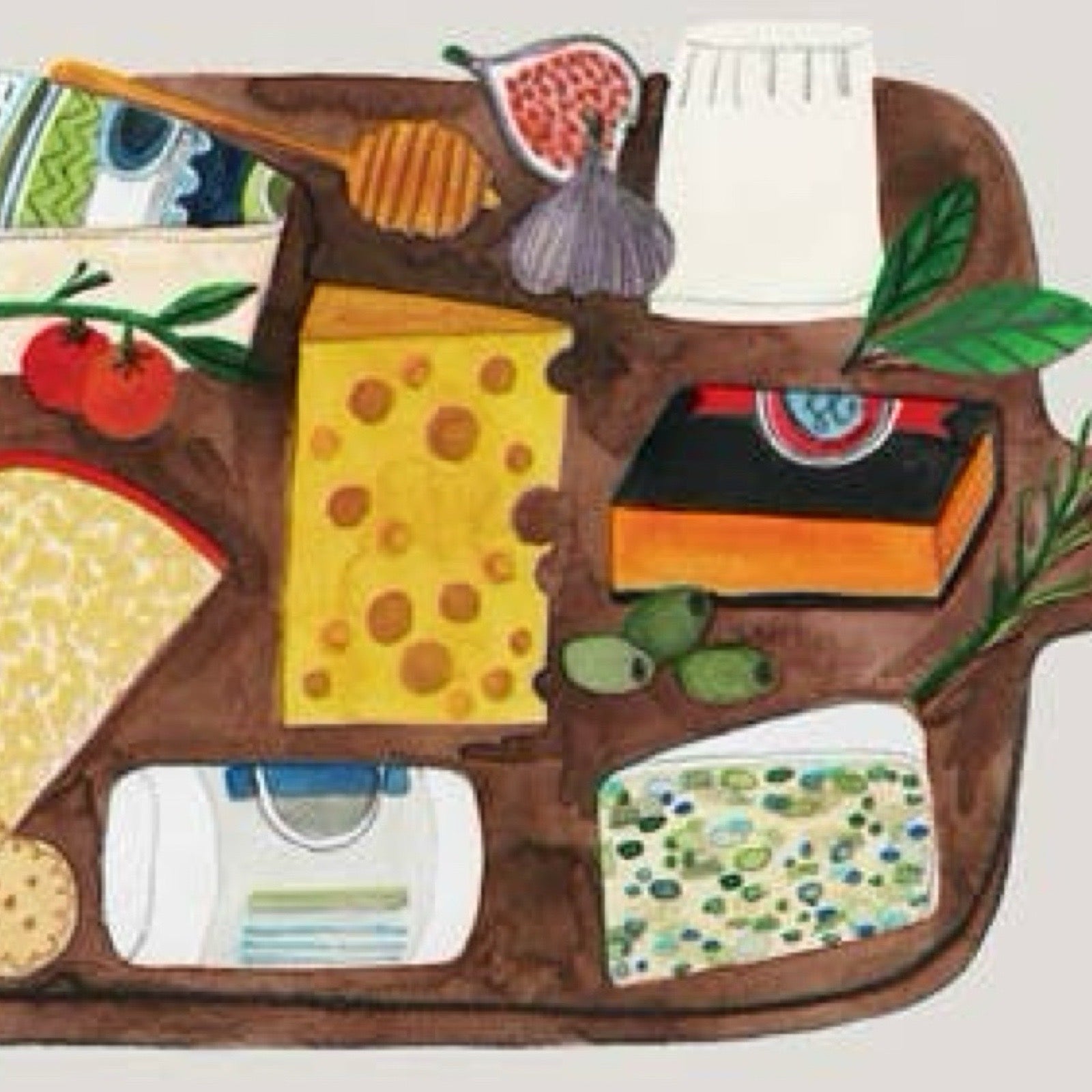 Illustration of a wooden board with various food items on a white background.