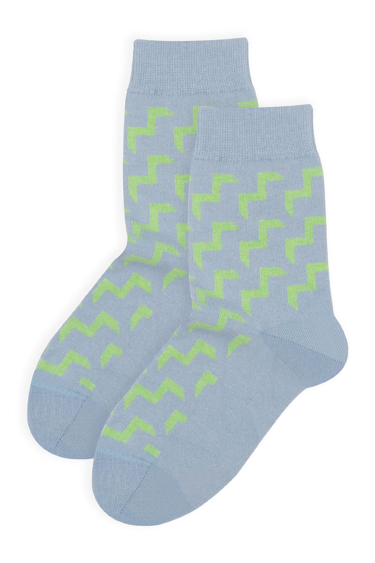 A pair of light blue crew socks with a lime green pattern, displayed against a white background.