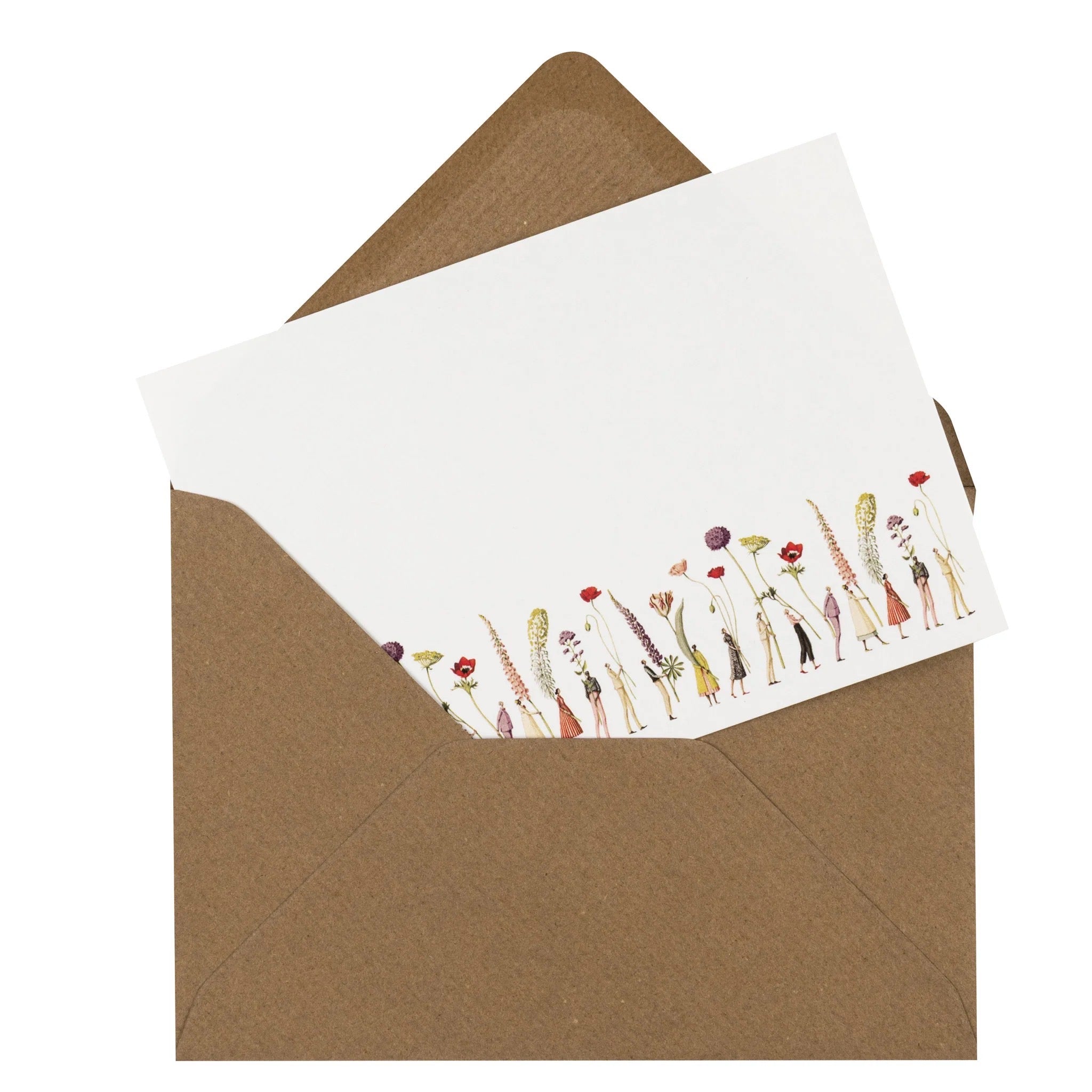 Brown envelope with a white card featuring floral illustrations on a white background.