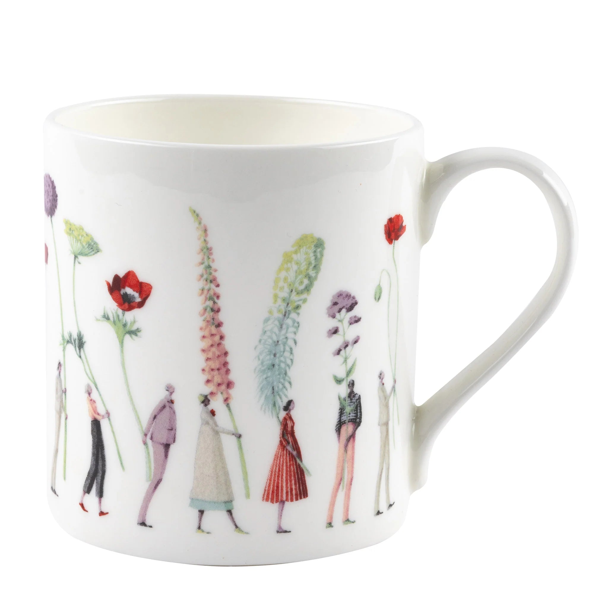 Mug with floral and figure design on a white background.