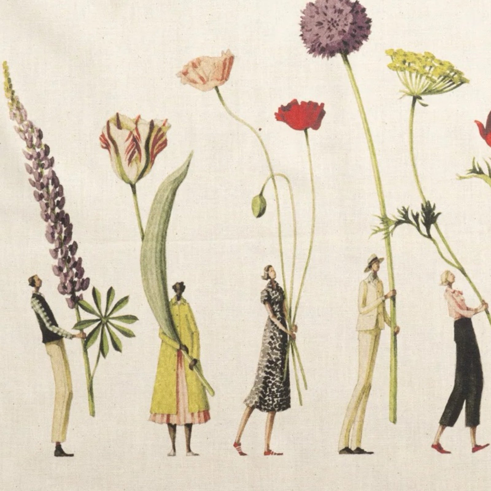 Floral tea towel featuring an illustration of a row of fabulously dressed men and women holding giant flowers.
