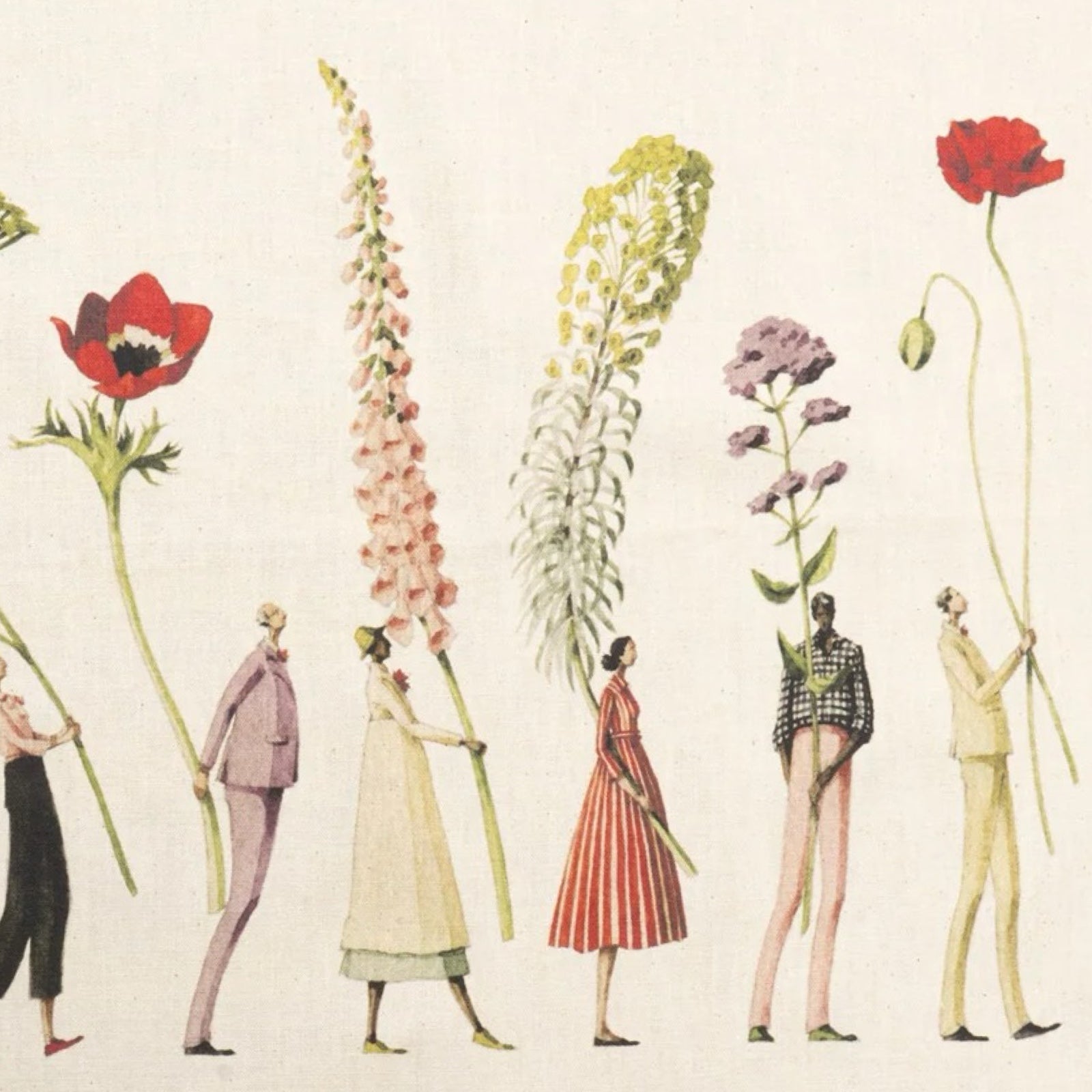 Floral tea towel featuring an illustration of a row of fabulously dressed men and women holding giant flowers.