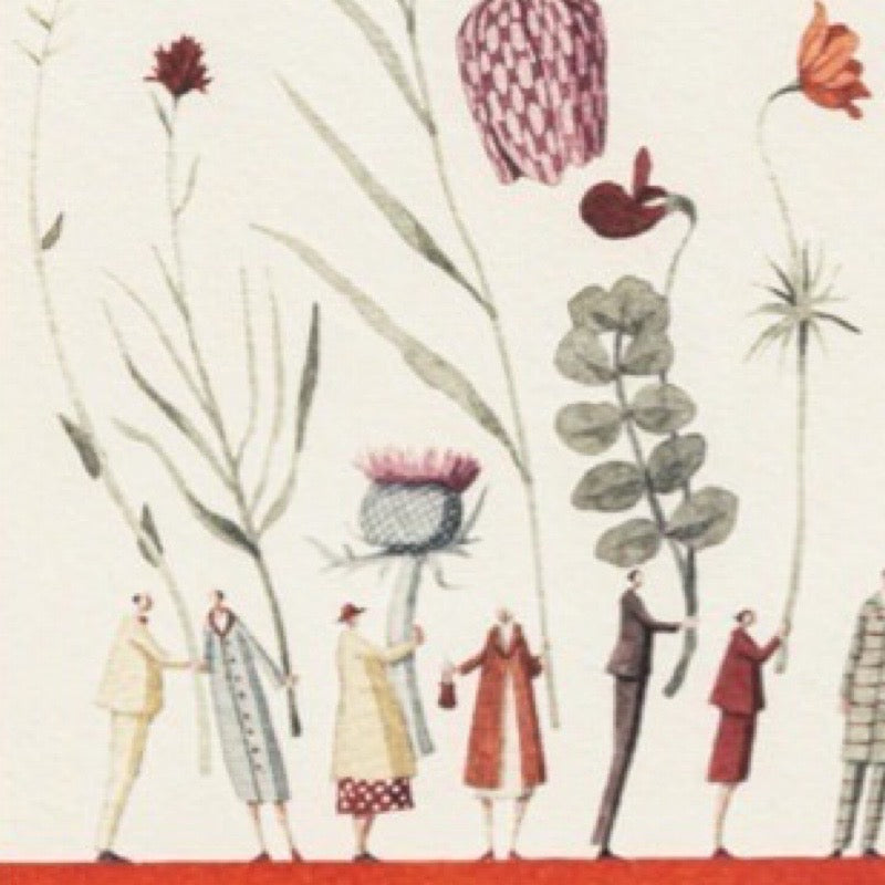 Illustration of people holding flowers and plants on a red and beige background.