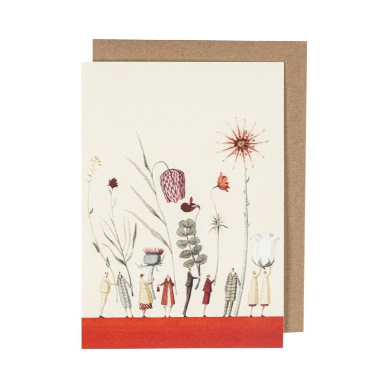 Floral card featuring an illustration of a row of ladies and gentlemen holding giant flowers including a fritillary and a thistle.