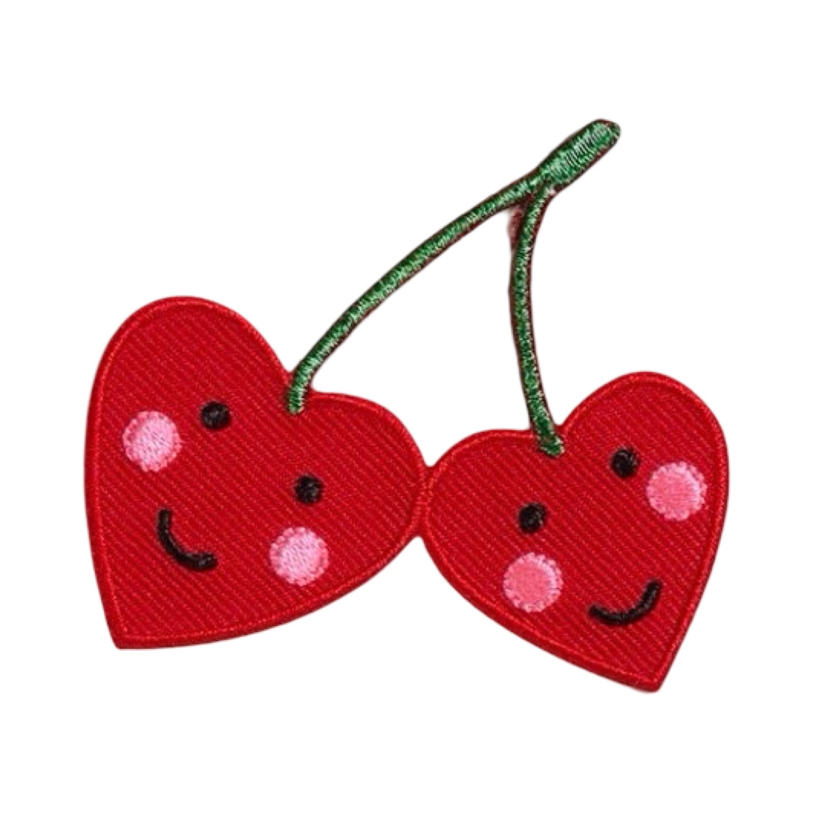 An embroidered cherries fabric patch featuring two love heart-shaped cherries with happy faces.