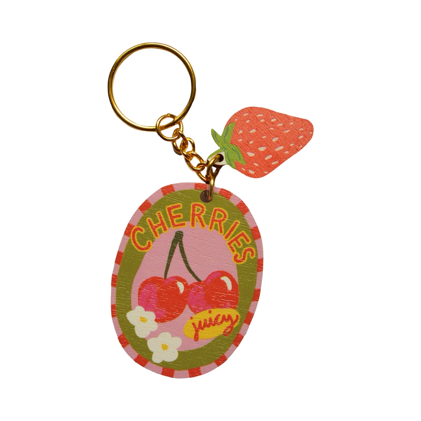 Keychain with cherry design and strawberry charm on a white background.