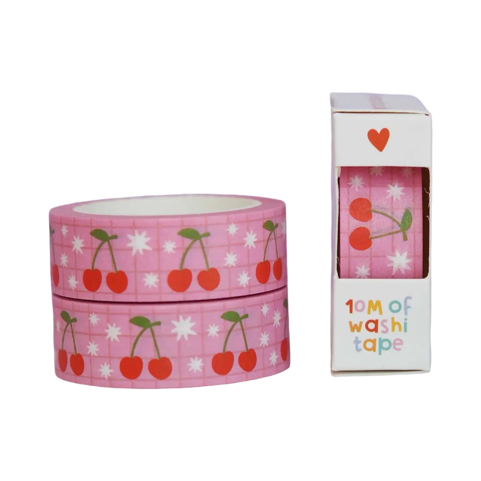 Pink washi tape with cherry design and packaging on a white background.