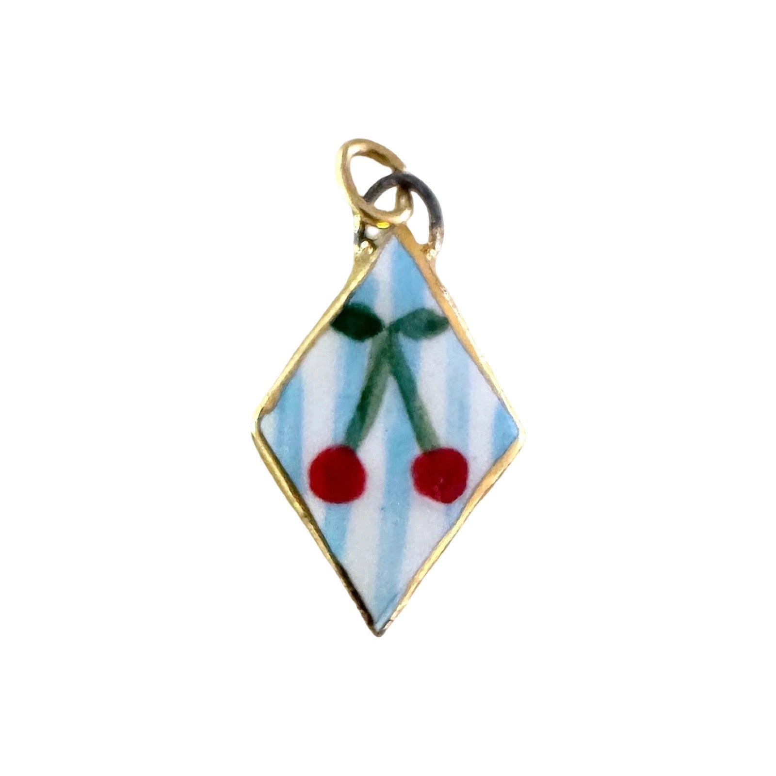 Diamond-shaped pendant with gold frame, blue and white striped design, and red cherries on a white background.