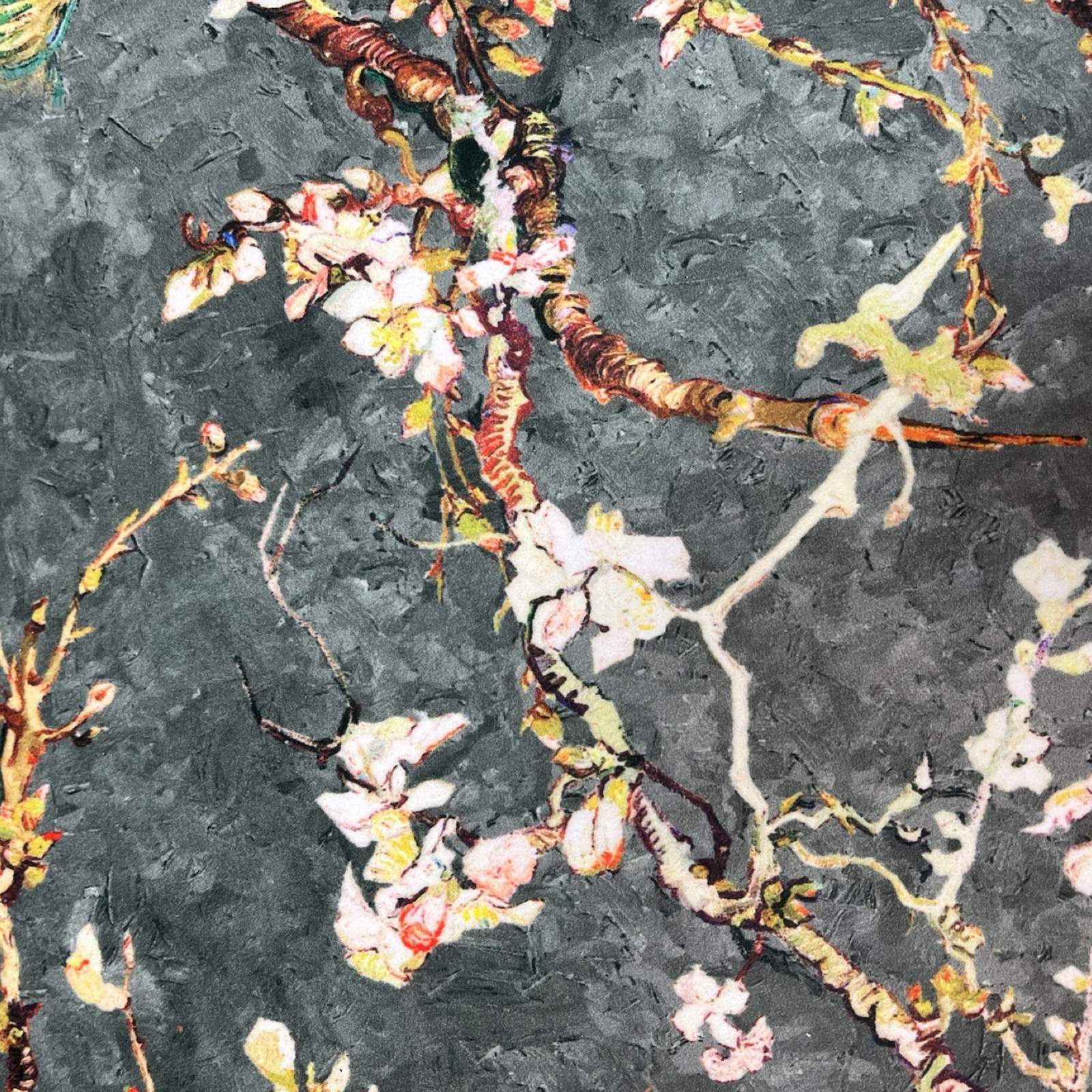 This bench is covered in luxurious grey velvet with white cherry blossom and finished with matching binding and mahogany legs.