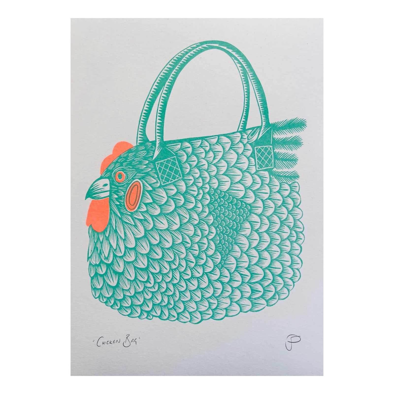 A risograph print of a green handbag with a chicken's head.