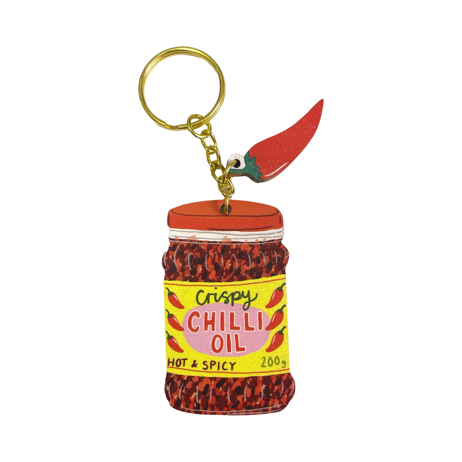Keychain shaped like a jar of Crispy Chilli Oil with a red chilli pepper on a white background.