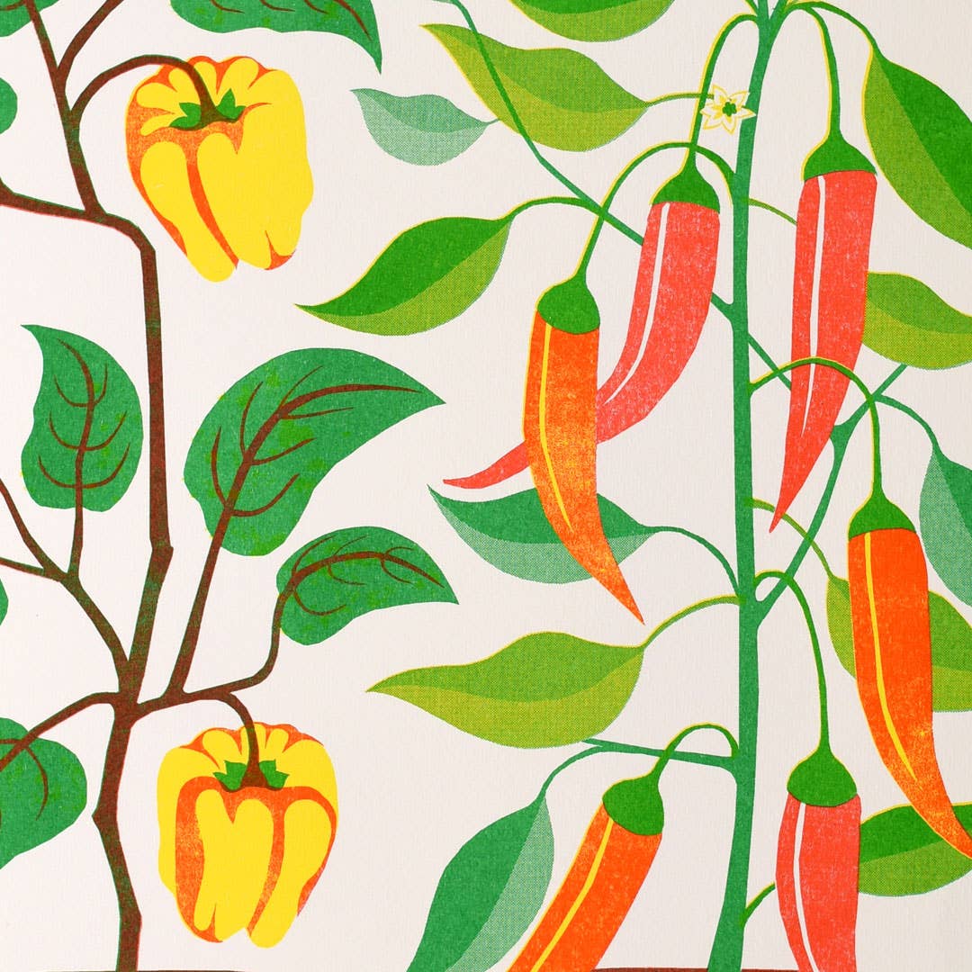 Risograph art print featuring two chilli plants.
