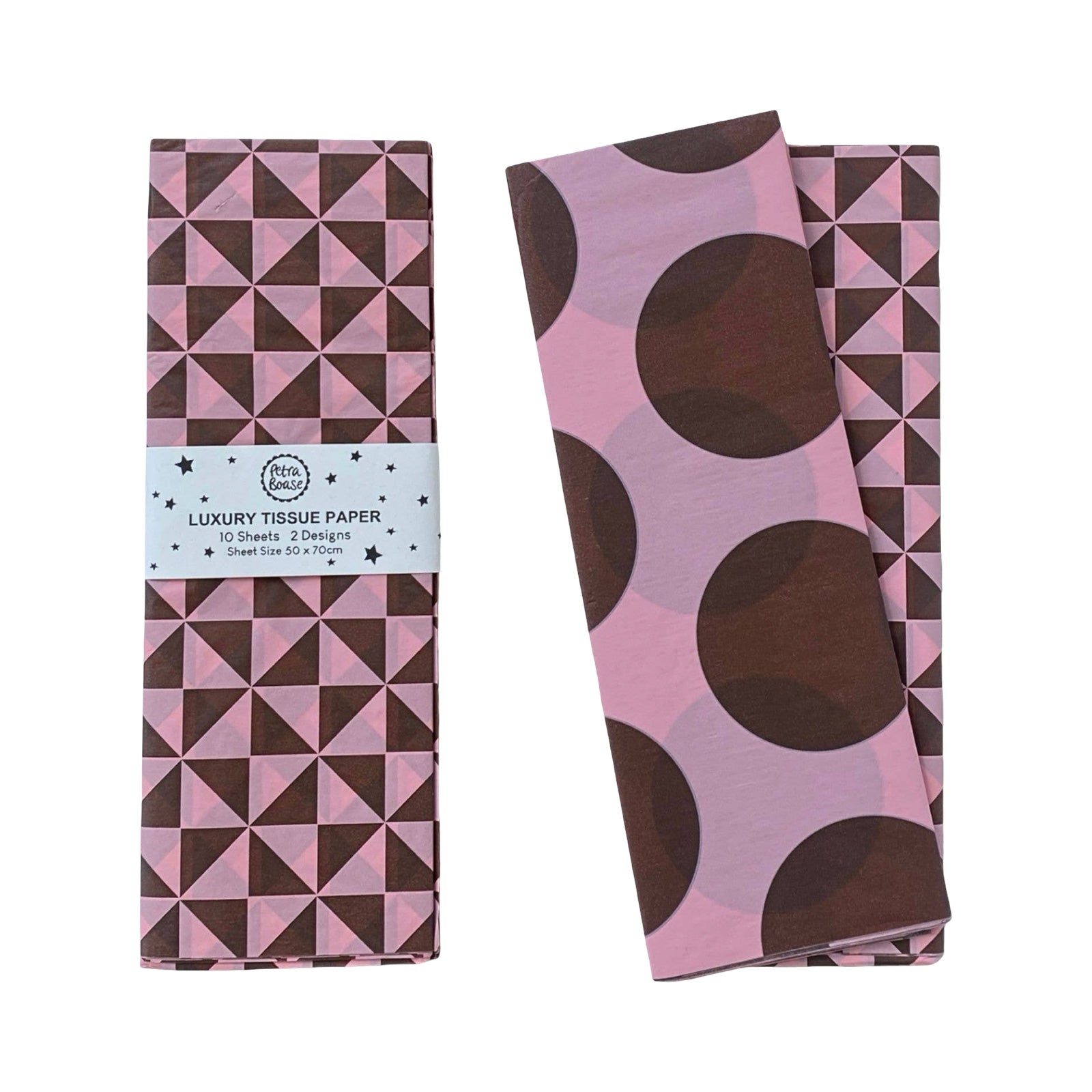 Two folded sheets of pink and brown patterned tissue paper on a white background, one wrapped with a paper band that reads 'Luxury Tissue Paper 10 Sheets 2 Designs'.
