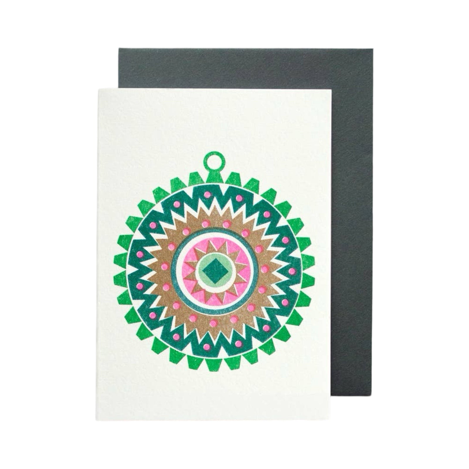 Mini Christmas card of Christmas bauble in shades of green, pink and white