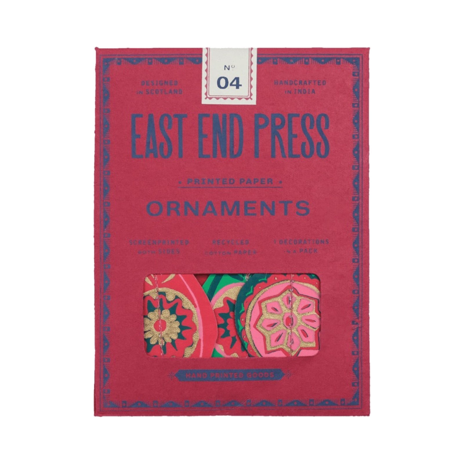 Pink packet for 4 recycled paper bauble ornaments in red, pink and green.