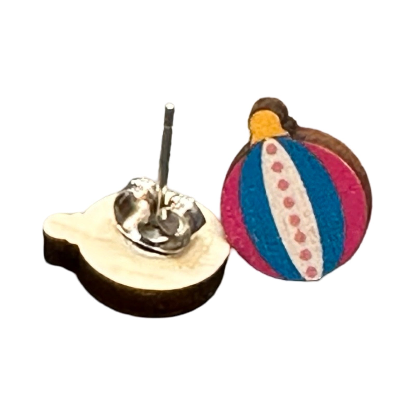 Festive Christmas bauble-shaped wooden stud earrings made from sustainably sourced birch plywood and stainless steel posts (with rubber hypo-allergenic safety backs).