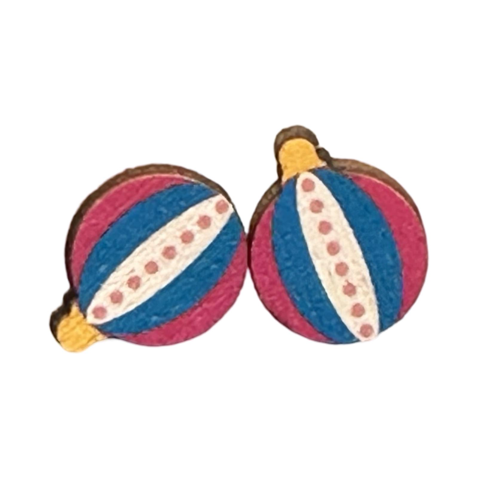 Festive Christmas bauble-shaped wooden stud earrings made from sustainably sourced birch plywood and stainless steel posts (with rubber hypo-allergenic safety backs).