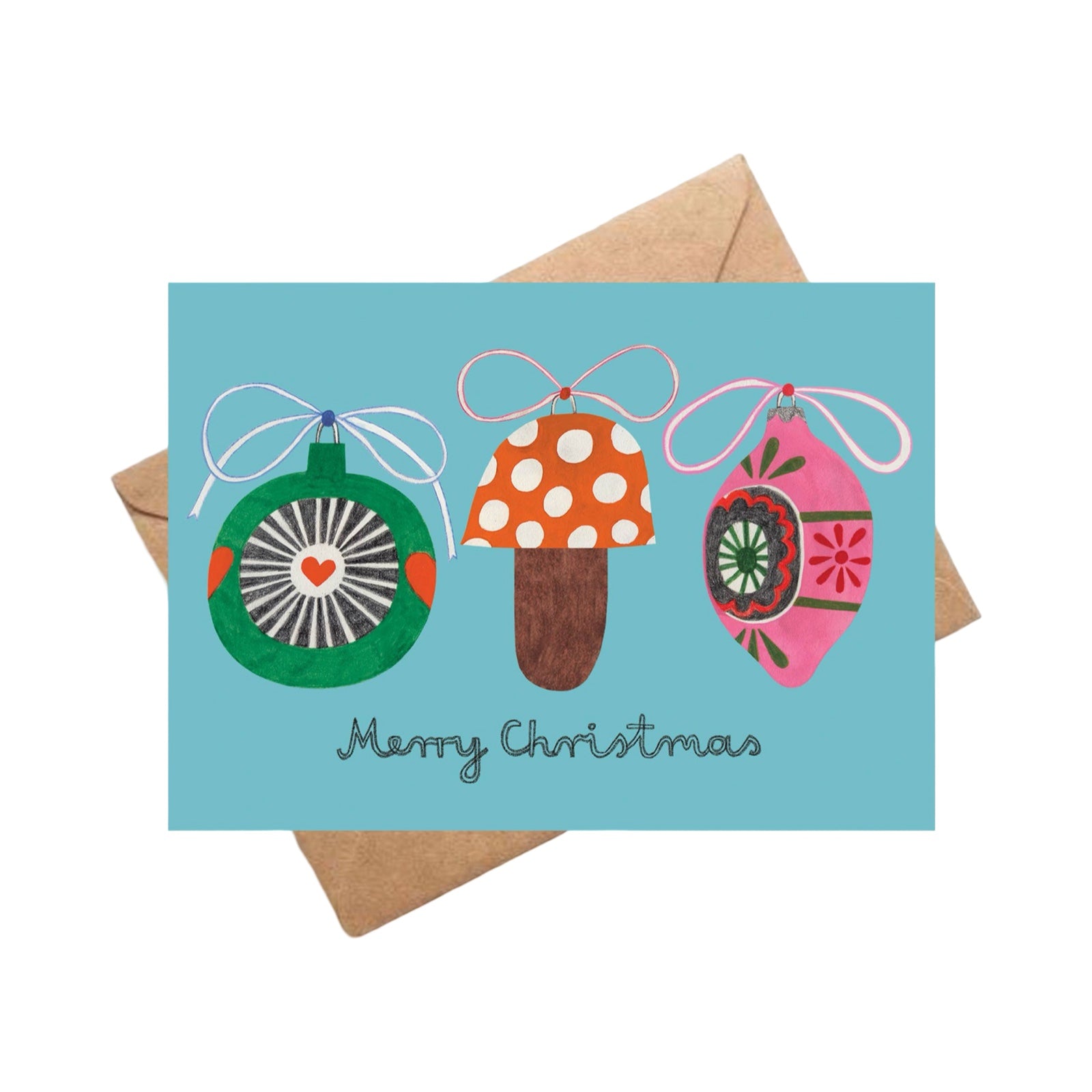 Christmas card with colourful ornaments and 'Merry Christmas' text on a blue background.