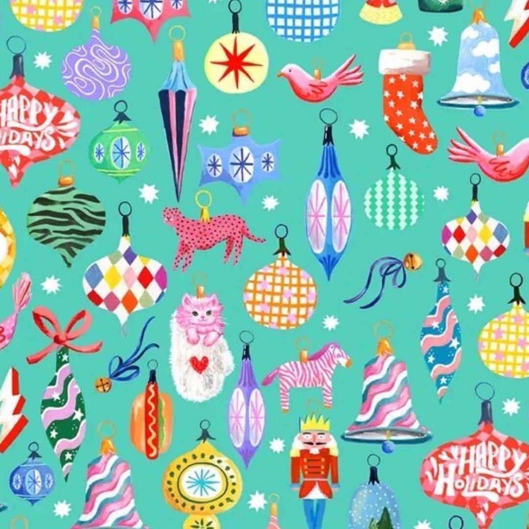 Colourful pattern of Christmas ornaments on a teal background.