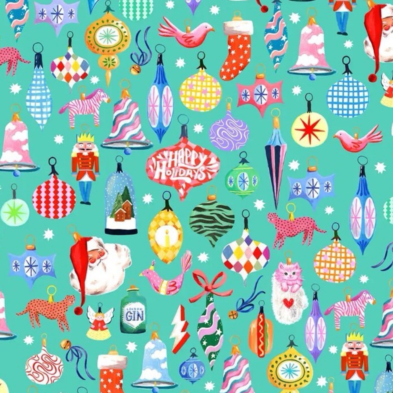 Christmas wrapping paper featuring colourful Christmas baubles on a turquoise background.