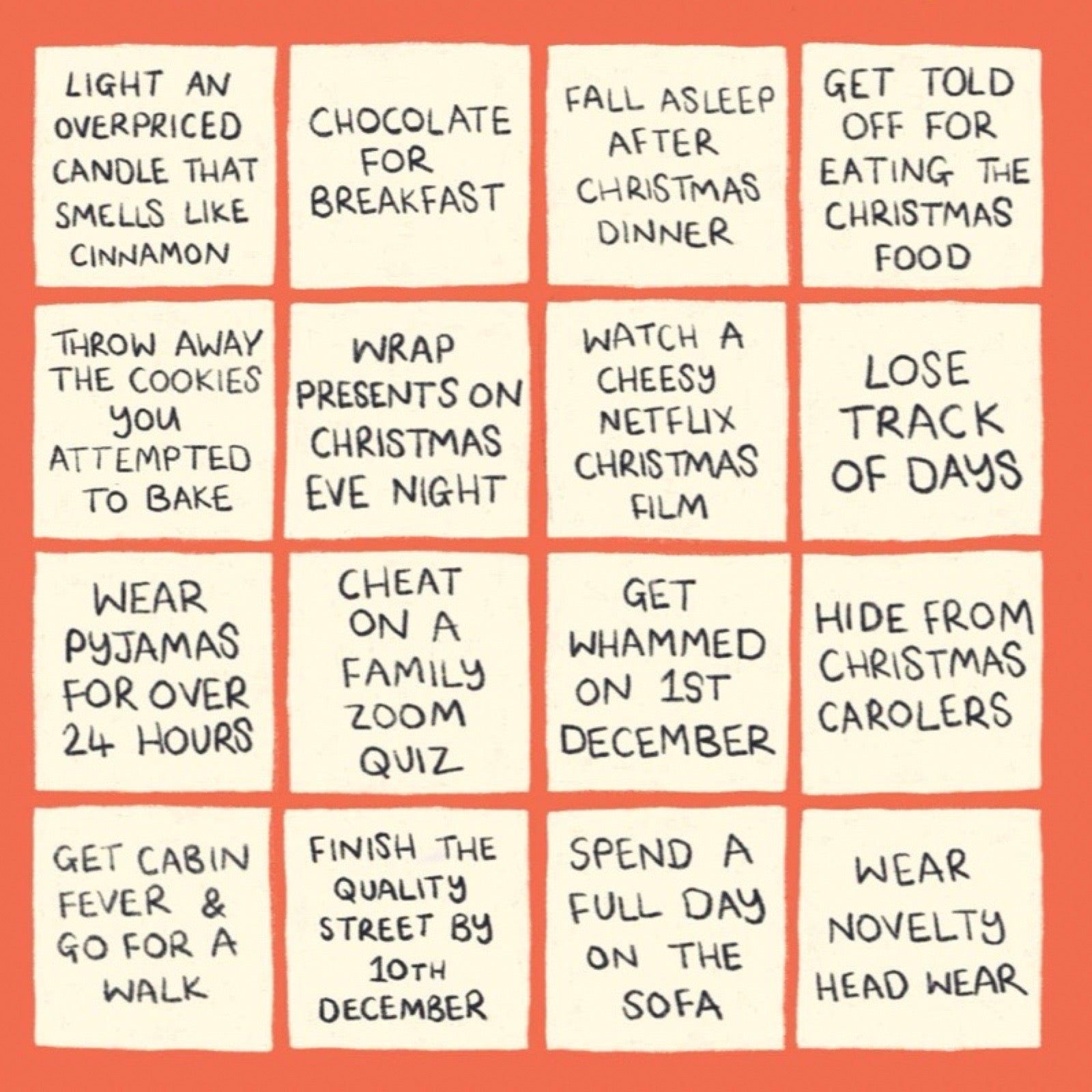 A 4x4 grid of cream sticky notes with handwritten black text on a coral-red background, featuring holiday-themed funny quotes and reminders.