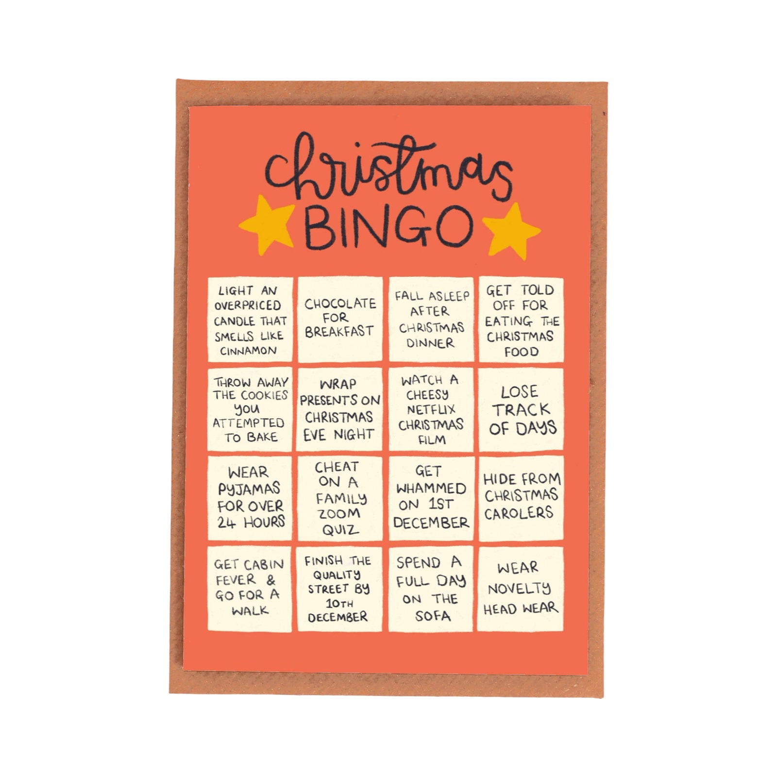 A Christmas Bingo game card featuring a bright orange background with a grid of white squares containing funny holiday-themed prompts, under the title 'Christmas BINGO' in black script with two yellow stars.