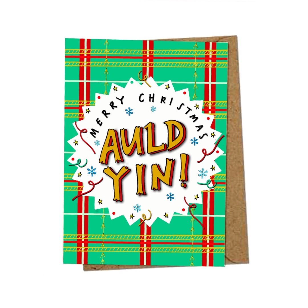 Christmas card with the text 'Merry Christmas Auld Yin' inside a white pointy-edged circle on a green and red tartan background