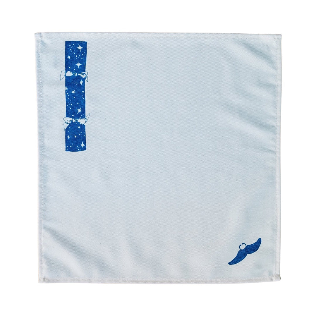 Christmas cracker napkin in blue.