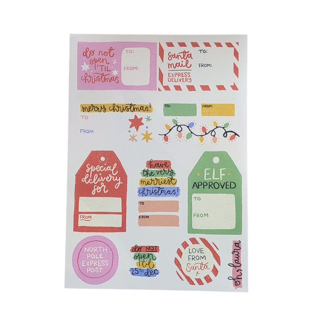 This sheet of Christmas gift tag stickers features 10 individual stickers featuring Santa mail and special delivery, 7 of the stickers have space for you to write to and from and 3 are purely decorative.