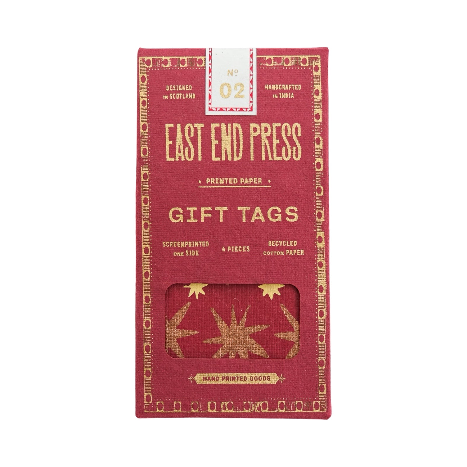 Pack of six screen-printed gift tags. These tags come in a variety of star-shaped patterns and festive colours.