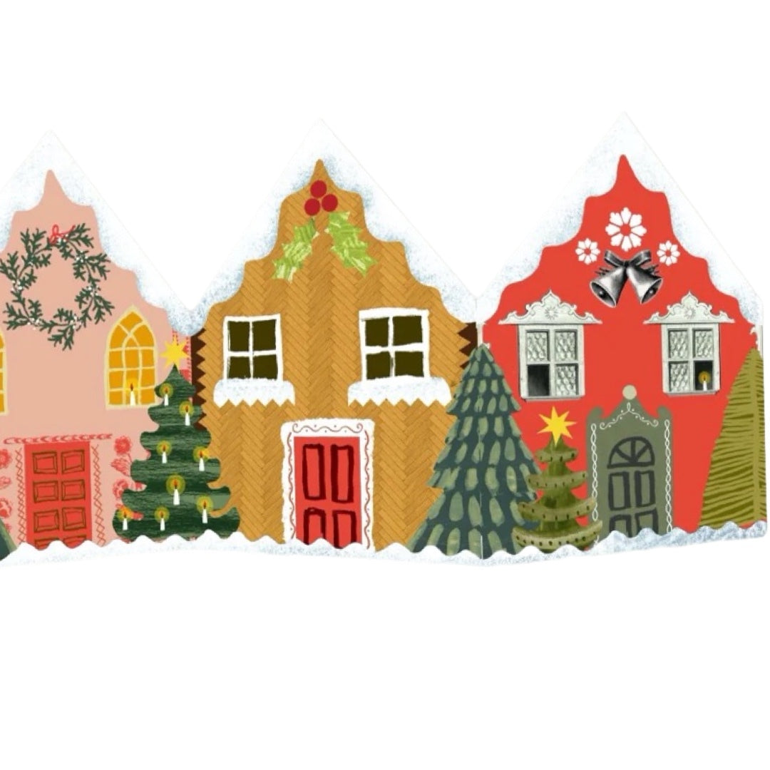 The end of a Christmas houses concertina card showing 2 red and orange patterned townhouses with Christmas trees outside and snow on the roofs.