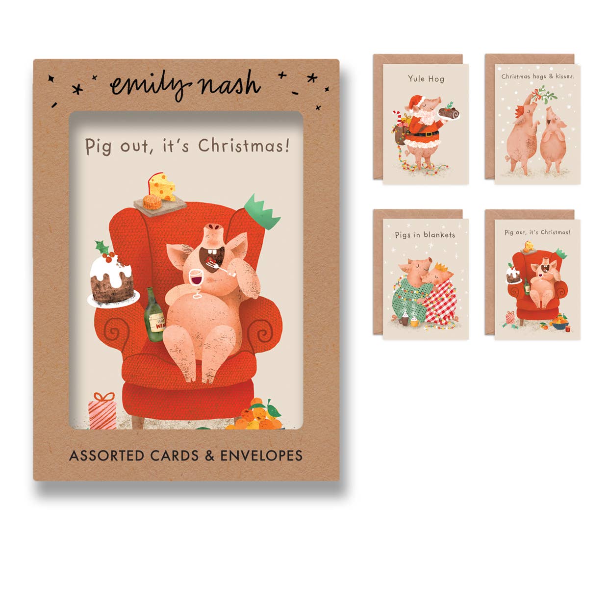 A set of Christmas cards and envelopes from Emily Nash featuring pig illustrations in holiday scenes, shown on a white background with one larger card/envelope and four smaller cards arranged to the right.