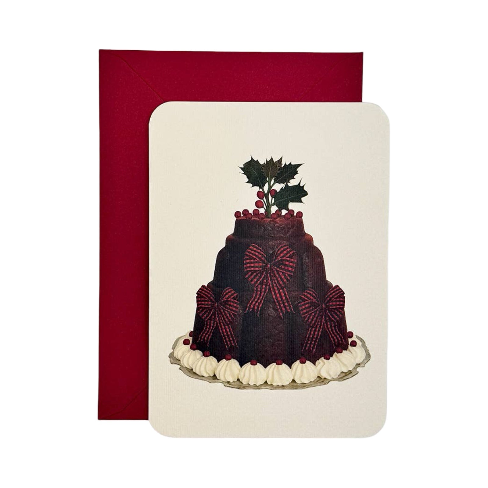 Greeting card with a festive cake illustration on a white background.