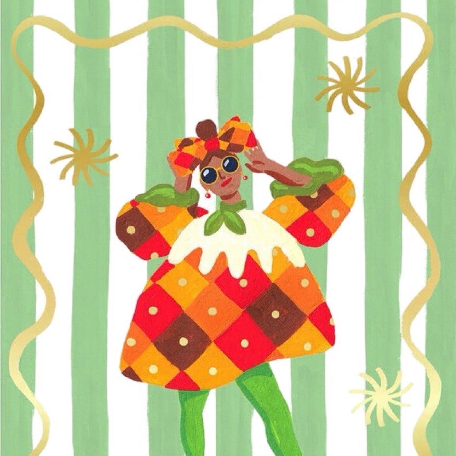 Illustration of a character in a colourful Christmas pudding dress with a green background.