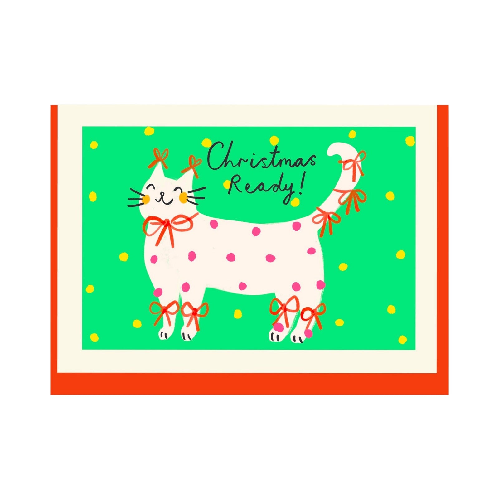 Christmas-themed card with a cat illustration and 'Christmas Ready!' text on a green background.
