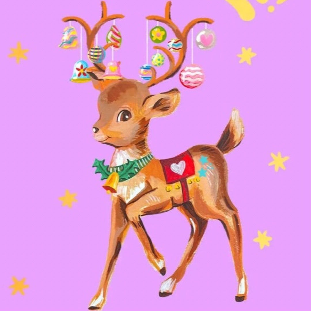 Illustration of a reindeer with decorative antlers on a purple background with stars.