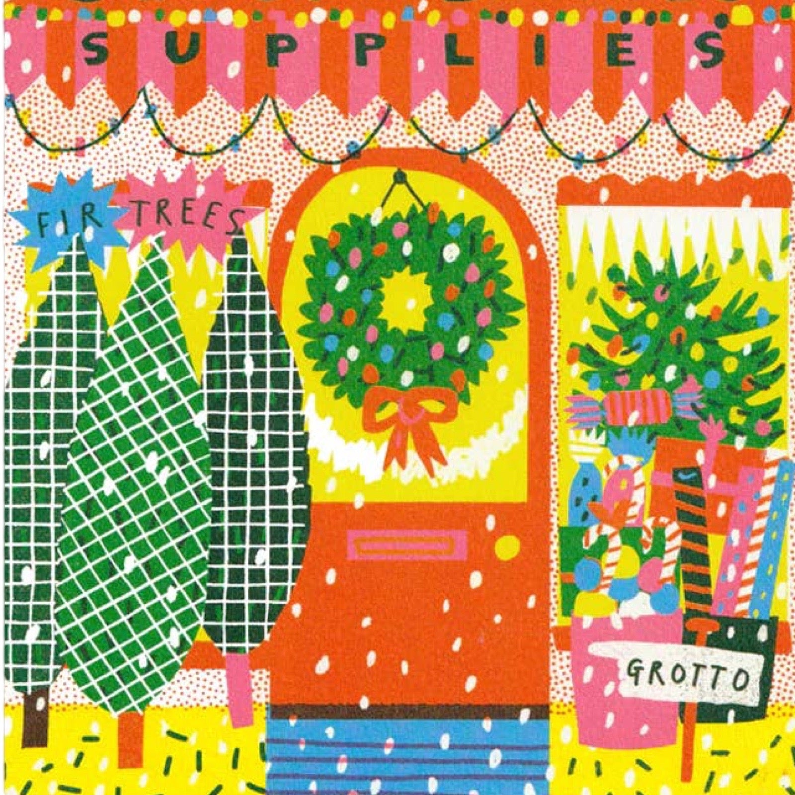 A colourful illustrated holiday scene with the word SUPPLIES at the top, a wreath on a red door, two green Christmas trees, and a sign labeled GROTTO.