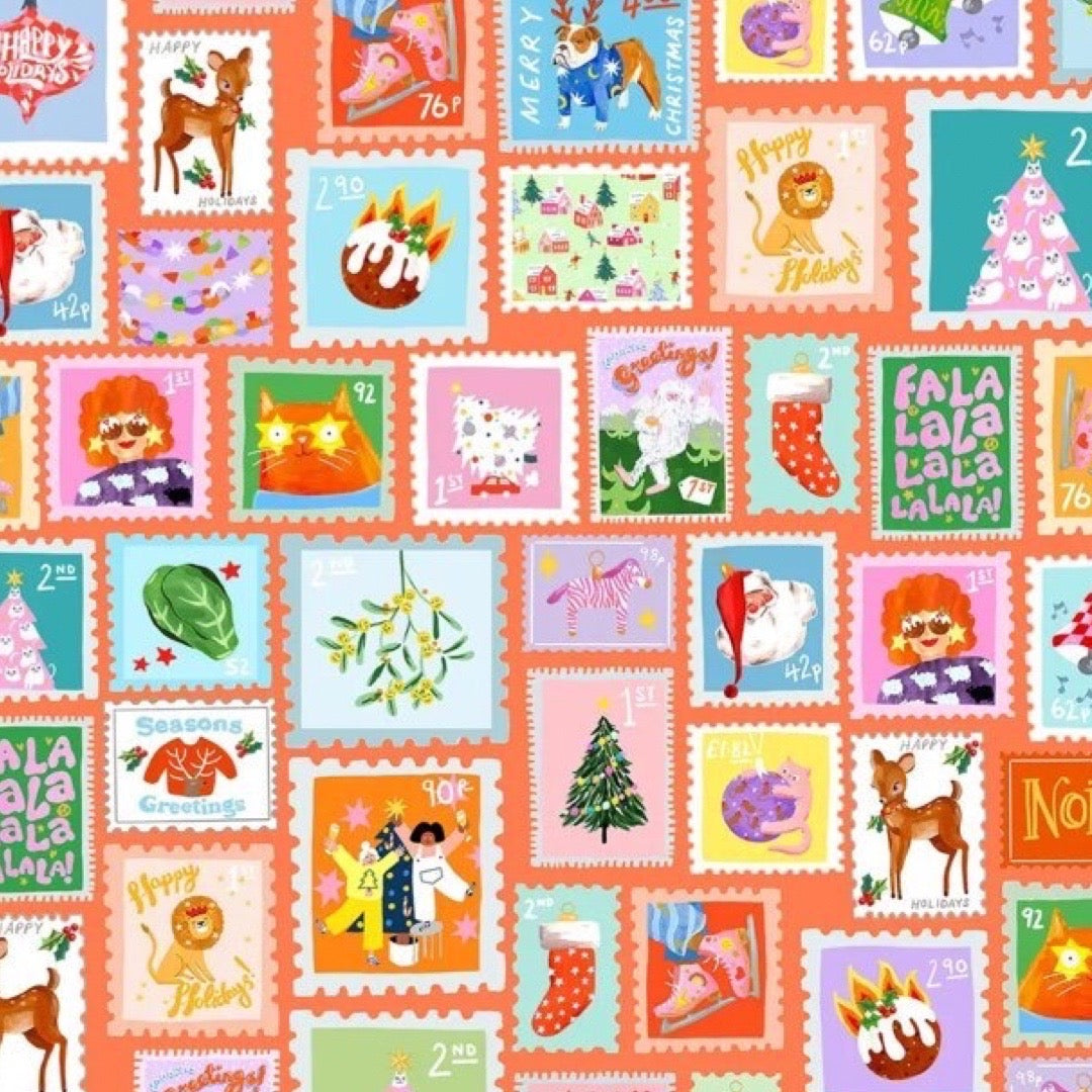 Pattern of festive postage stamps with Christmas-themed illustrations on a multicolour background.