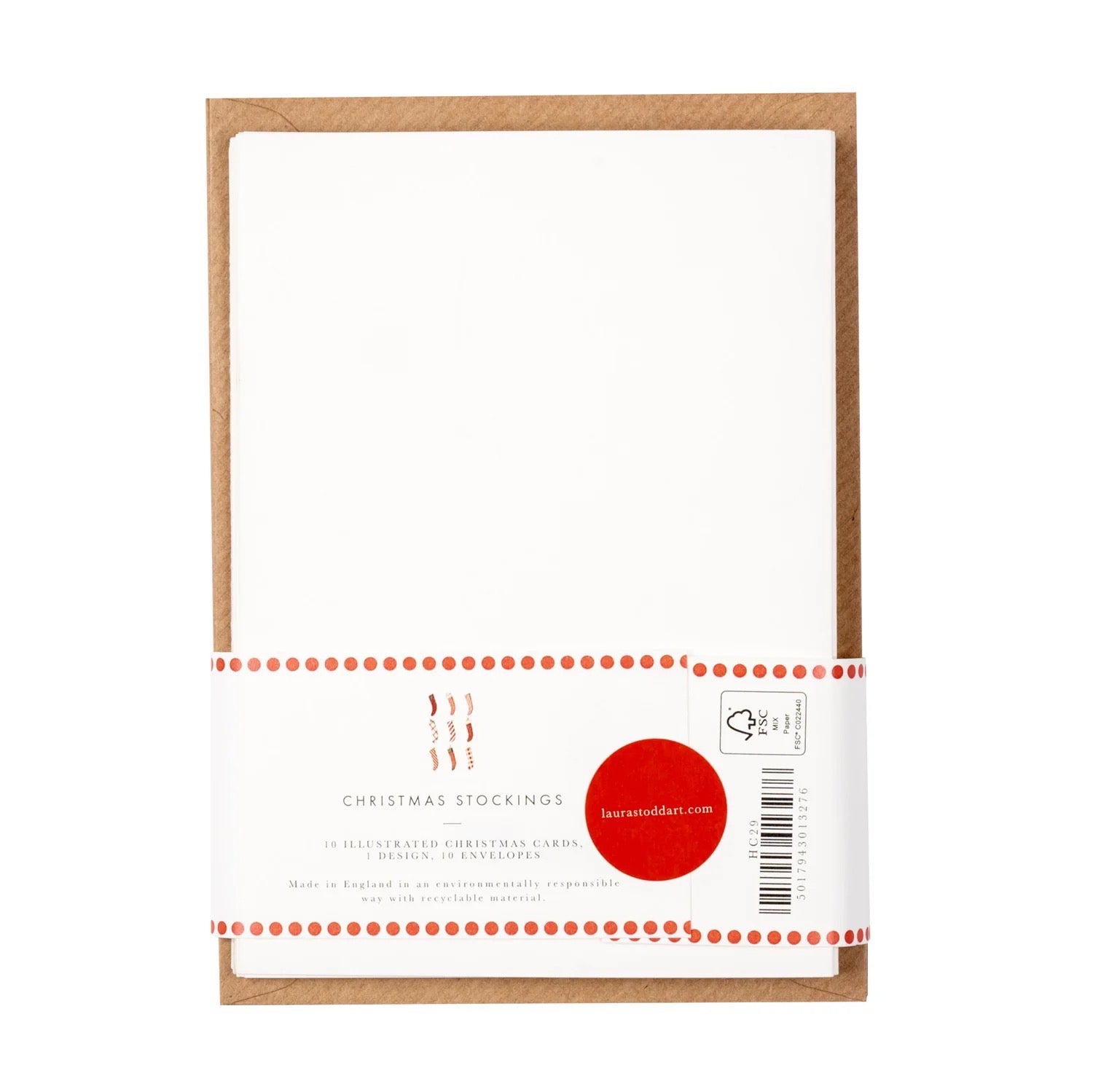 Packaged Christmas stockings card with a white label and red dot design on a white background.