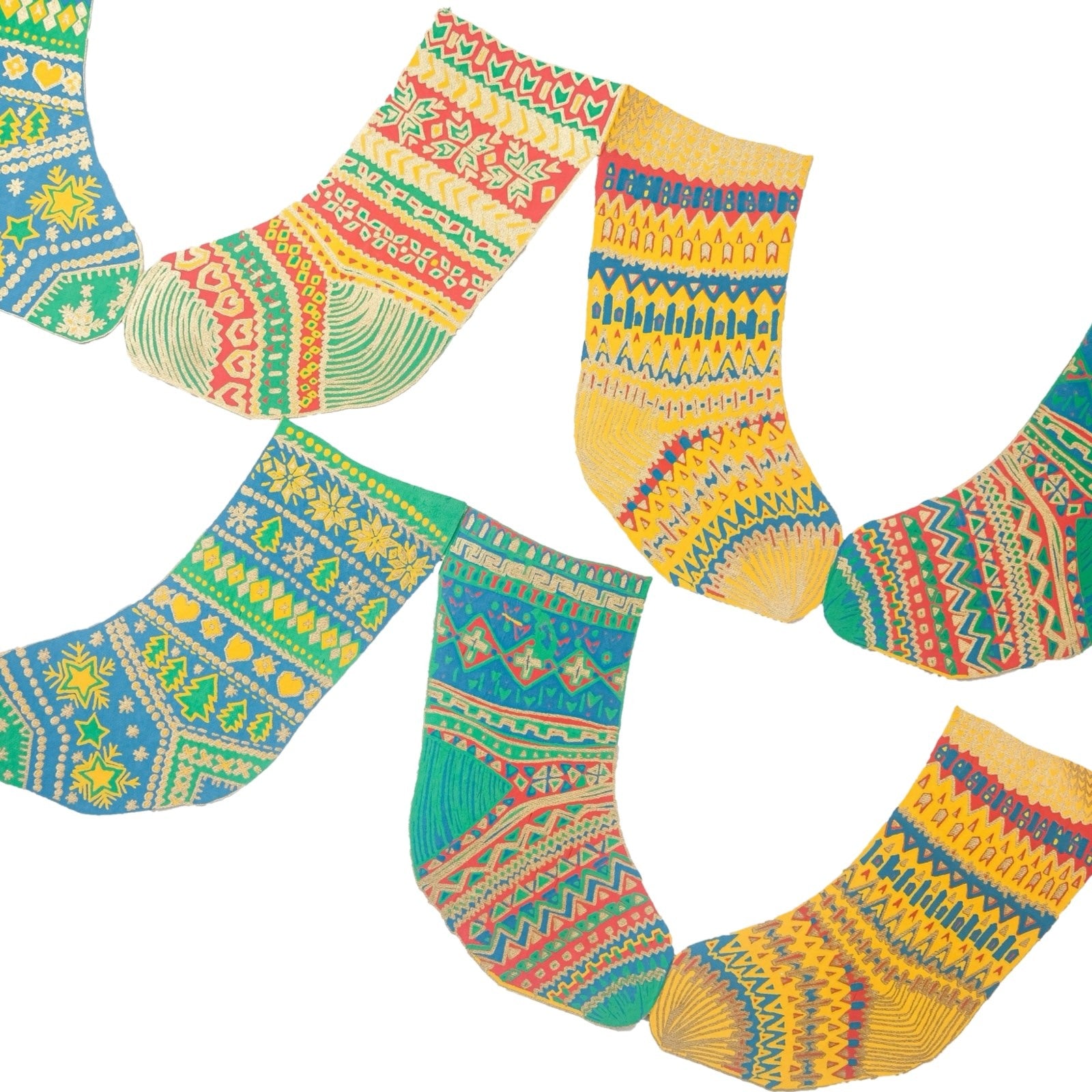Christmas stockings concertina garland measures three metres long and is hand-printed on recycled paper in shades of green, yellow and red.