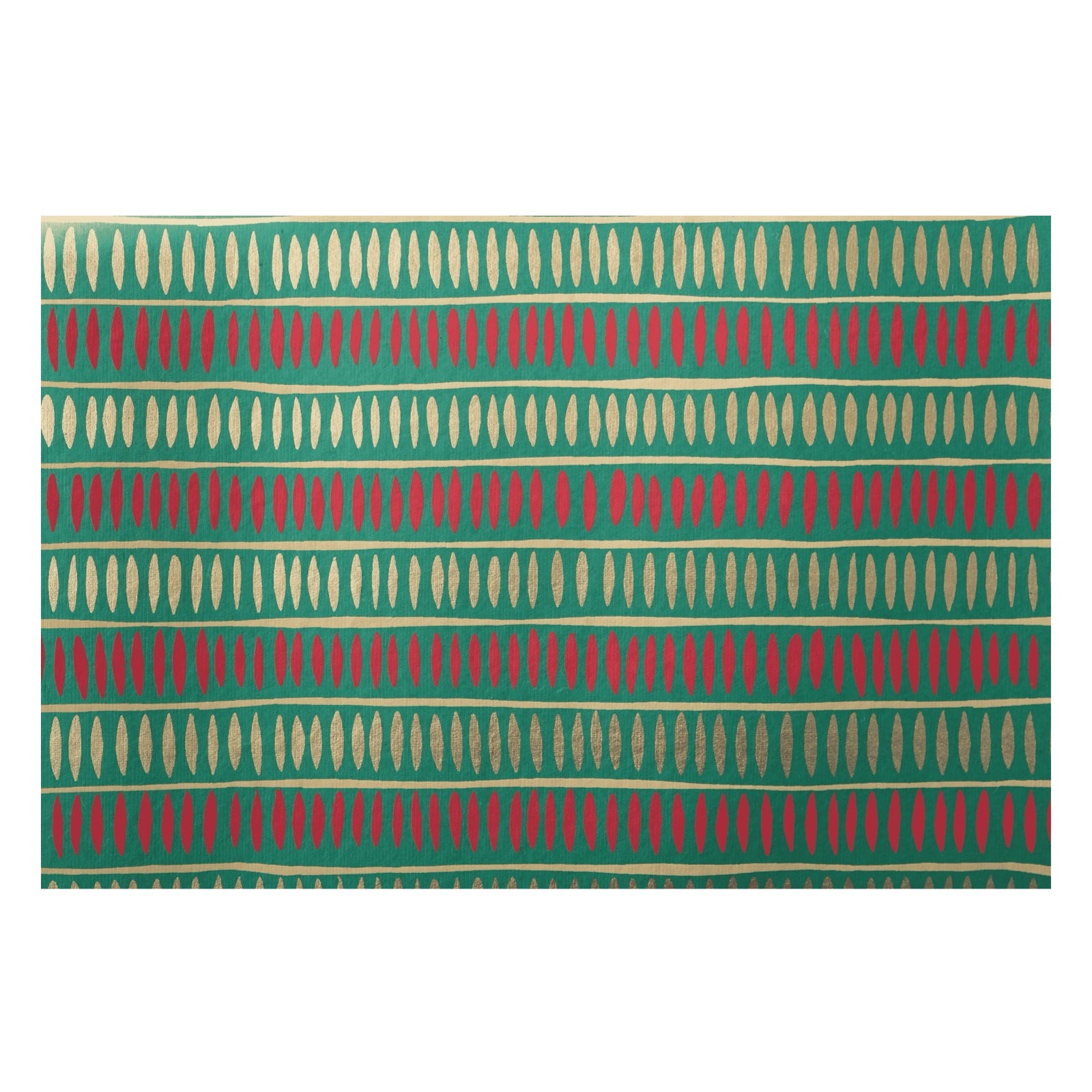 Gorgeous screen-printed Christmas wrapping paper with gold and red dashes against a green background.
