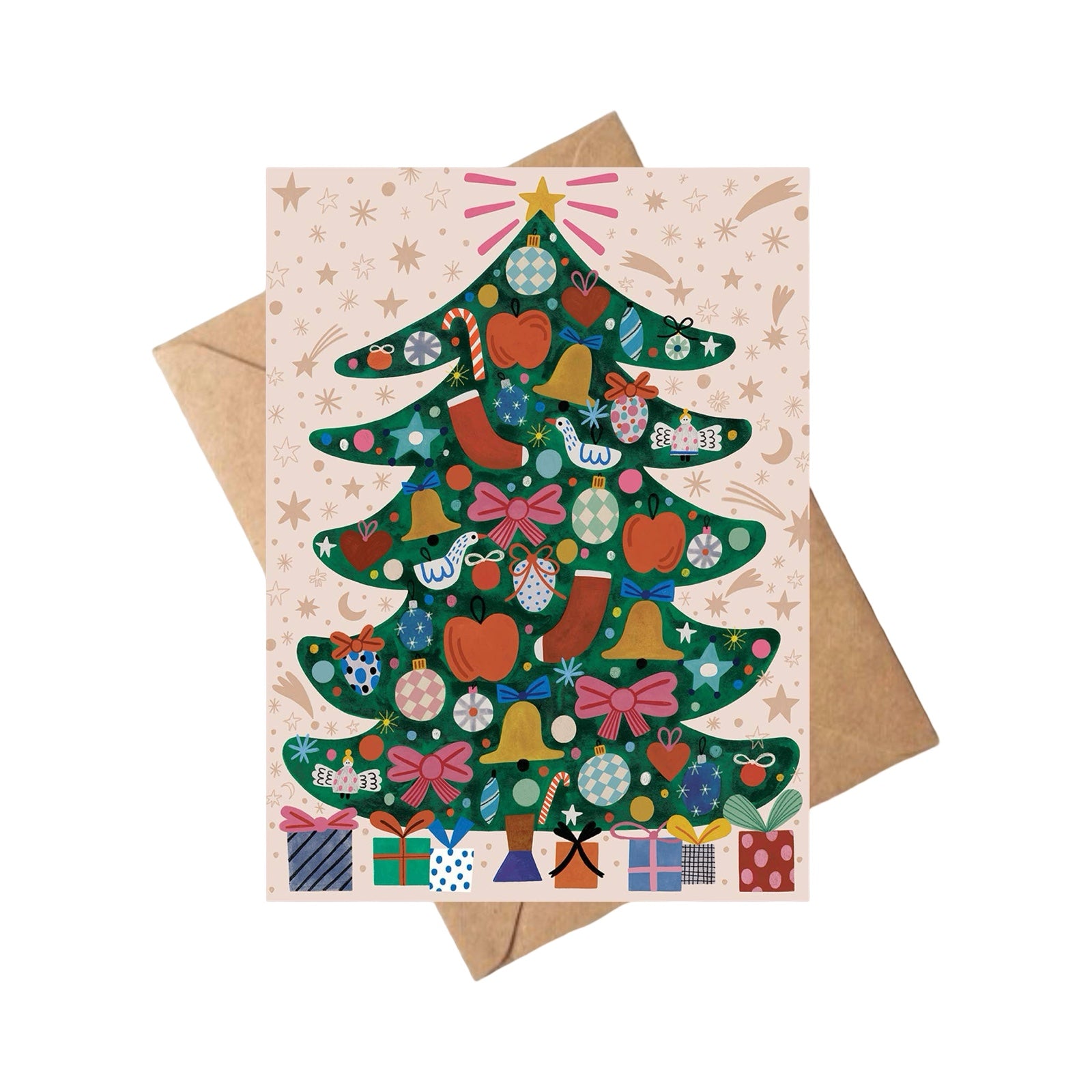 Christmas-themed greeting card with a decorated tree and presents, featuring a brown envelope.