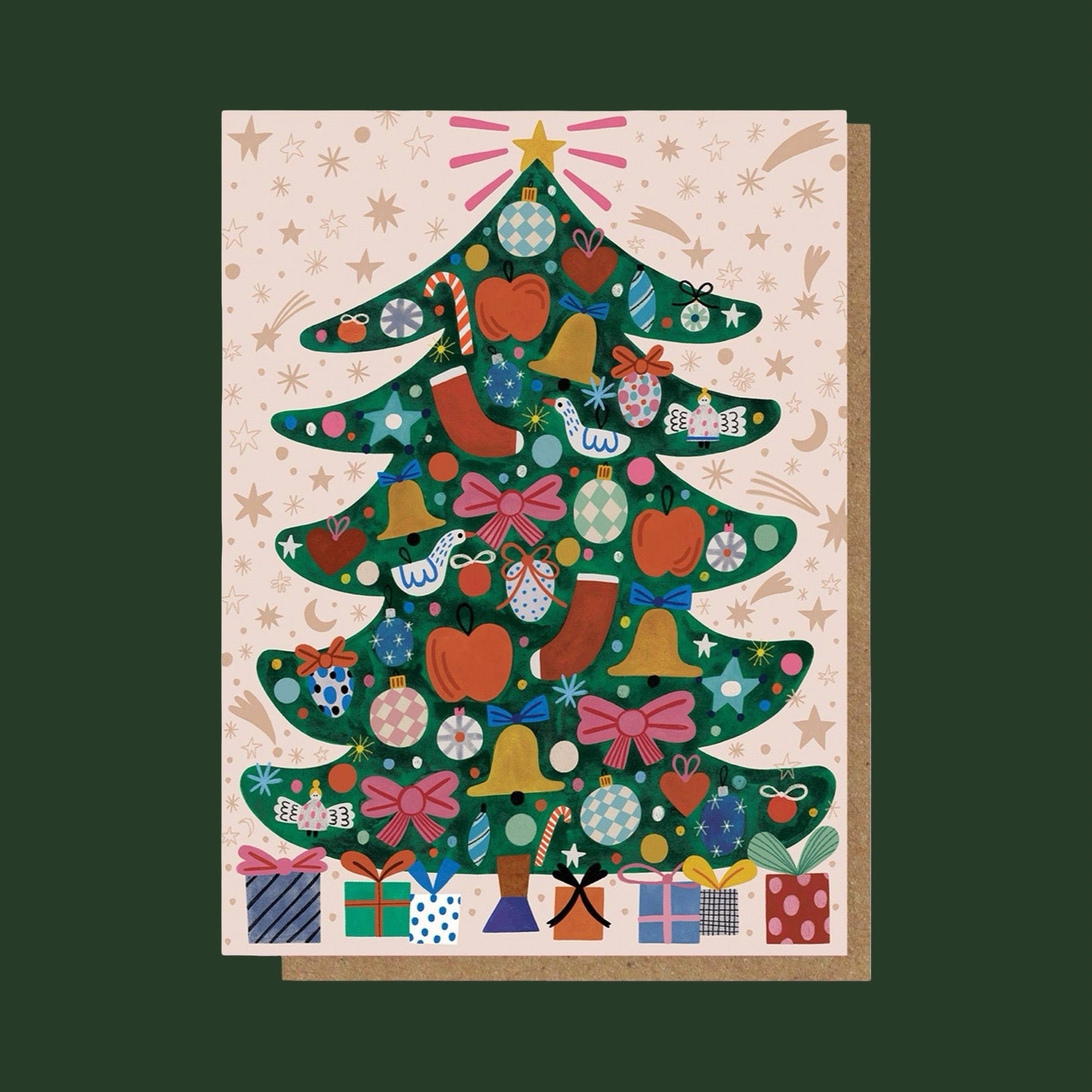 Greeting card with a colourful Christmas tree design on a beige background.