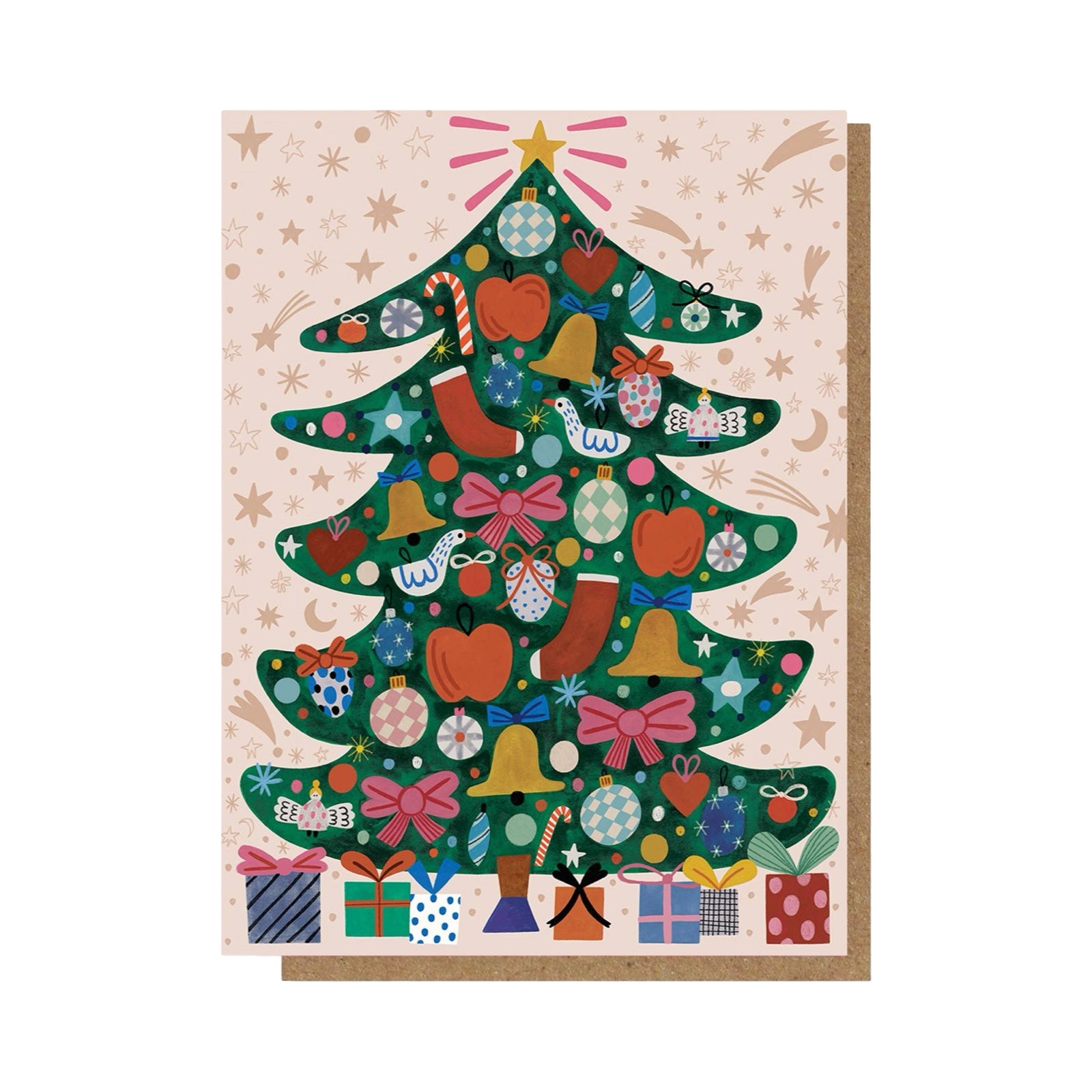 Christmas-themed greeting card with a colourful tree design on a beige background.